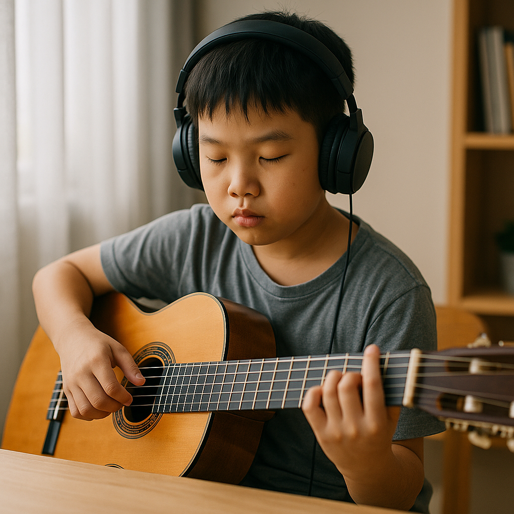 Bé trai người Việt đeo tai nghe, đang nhắm mắt chơi đàn guitar trong không gian học tập tại nhà.