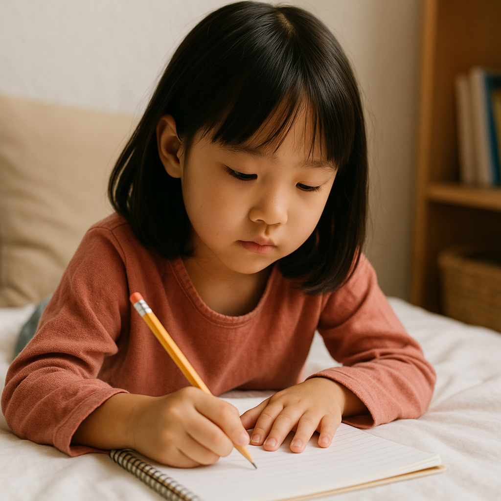 Bé gái người Việt đang ngồi viết bài trong vở với thái độ chăm chú và tập trung cao độ.